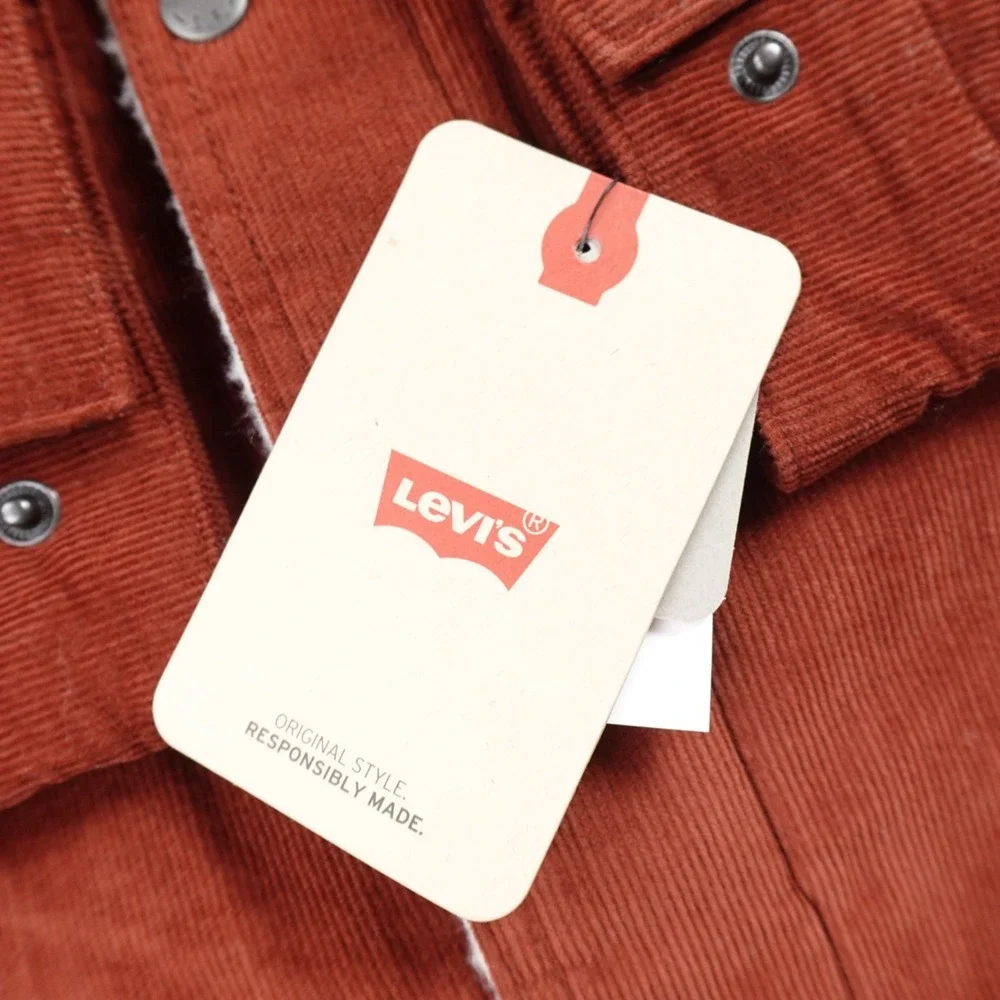 NEW Levis Jacket Mens S Brown Red Corduroy Sherpa Lined Trucker Snap Zip Coat‎